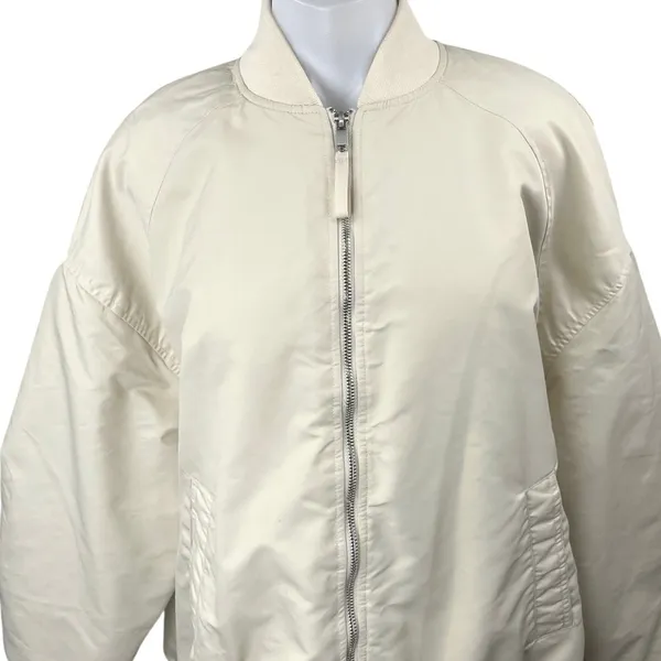 Zara Women's White Oversized Long Sleeve Pockets Full Zip Bomber Coat Jacket L - Image 5