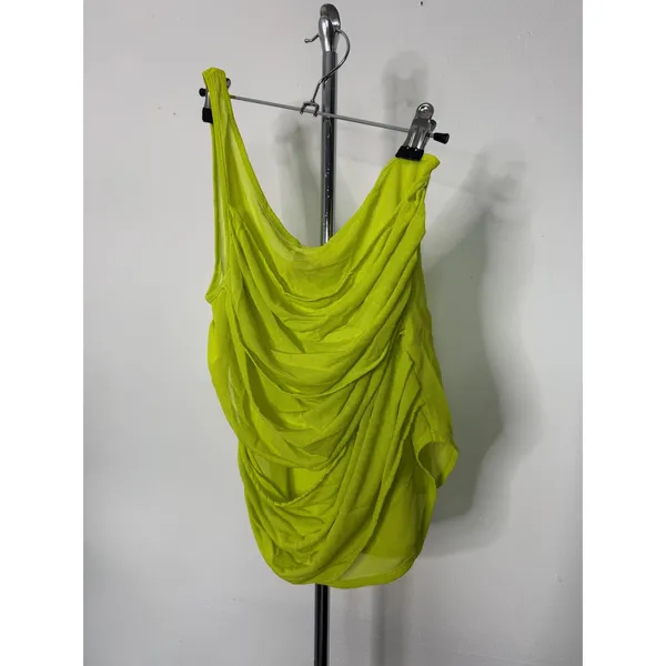 Gauge81 Saray One Shoulder Tank Top Neon Yellow Ruched Mesh Asymmetric - Image 2