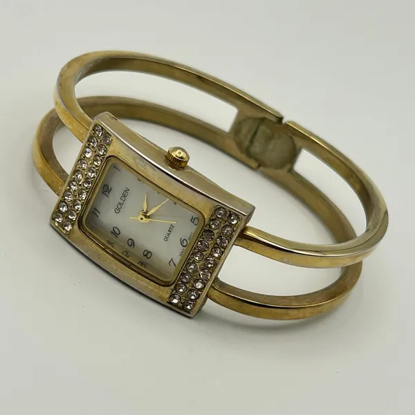Vintage Golden Gold-tone Mother Pearl Bangle Quartz Watch Working New Battery - Image 4