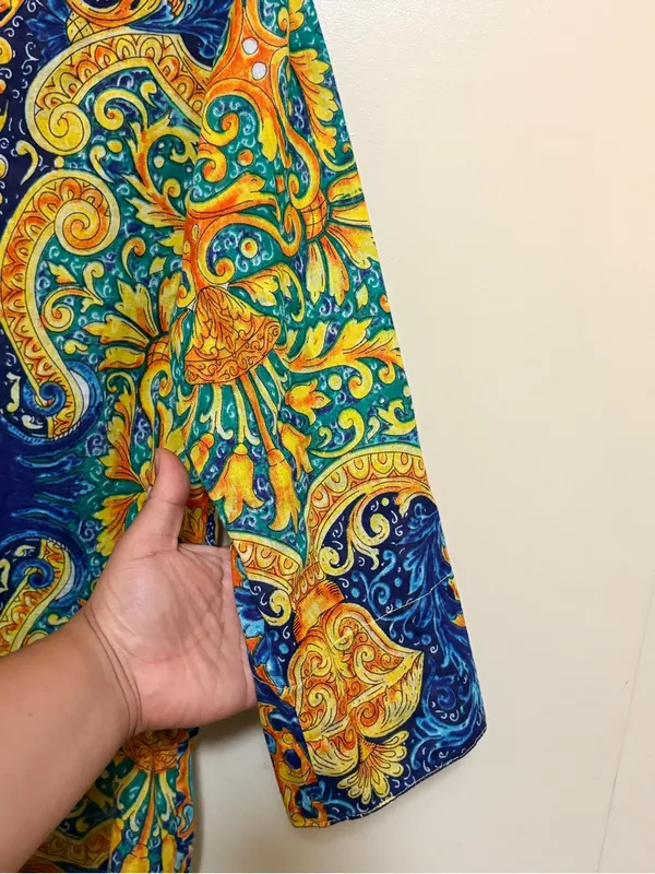 Vibrant Paisley Button-Down Shirt in Blue & Yellow - Women’s Classic Collar - Image 3