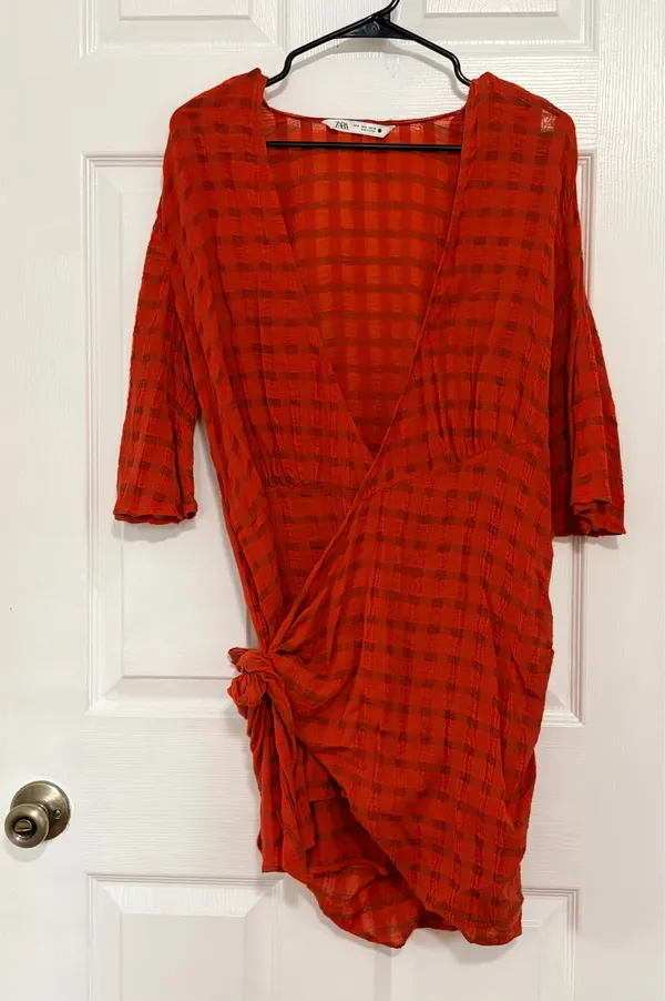 Zara Rust Orange Plaid Wrap Tie Mini Dress Deep V Boho Festival Cottage Peasant Size M - Image 2