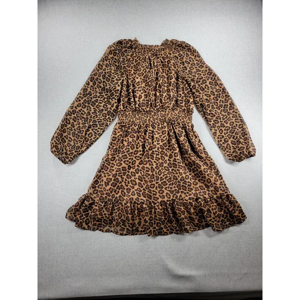 Old Navy Womens Dress Size S Tall Brown Chiffon Leopard Print V-neck Smocked NEW - Image 2