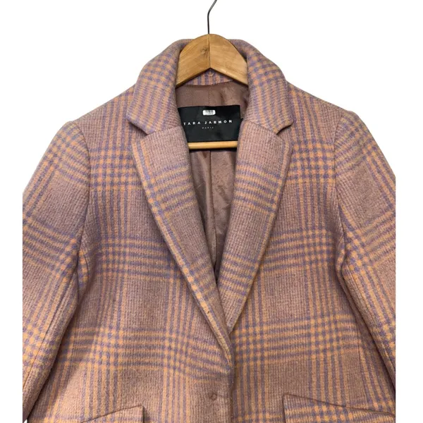 Tara Jarmon Paris Plaid Wool Blend Coat Pink Orange Size 34 French EU 34 US 2-4 - Image 3
