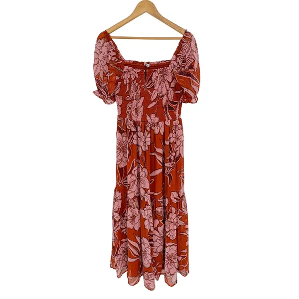 Patrons of‎ Peace Floral Midi Dress Medium Rust Pink Smocked Puff Sleeve Boho - Image 5