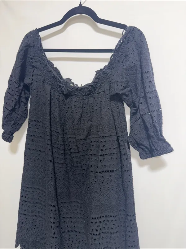 Zara‎ Basic Black Eyelet Embroidery Ruffle Mini Dress Small Boho Puff Sleeve - Image 4