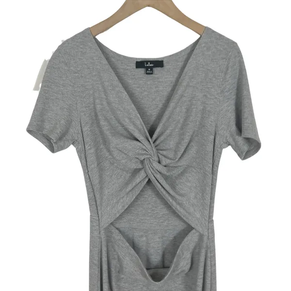 Lulus Twist Front Cut Out Midi Dress in Heather Gray Size Medium - Image 4