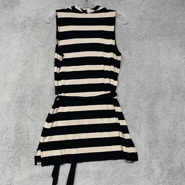 White House Black Market Dress Womens Medium Black Beige Stripe Cowl Belt Knit - Image 5