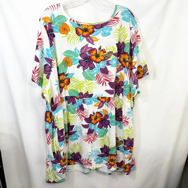 Woman Within Plus Size 34/36W Top‎ 4X Floral Babydoll White Tropical Pockets 105 - Image 3