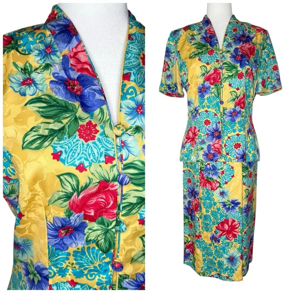 Adrianna Papell Size 6 Vintage Two Piece‎ Skirt Top Suit Set 100% Silk Floral - Image 2