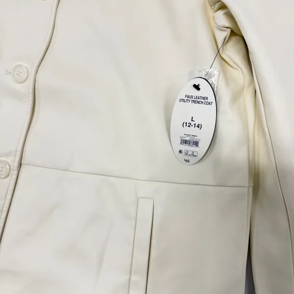 Scoop Faux Leather Utility Trench Coat Winter White Vegan Long Jacket Womens L - Image 2