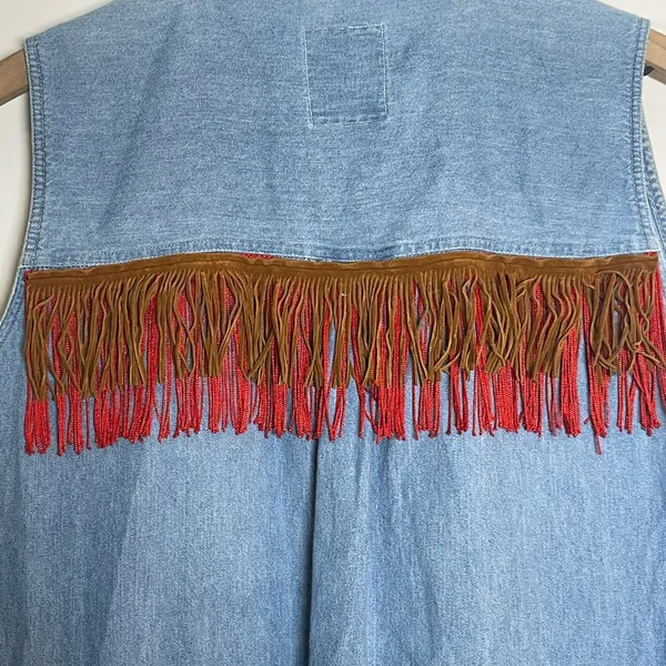 Vintage Details Express Tunic Shirt Women's Size Large‎ Blue Chambray Fringe 90s - Image 7