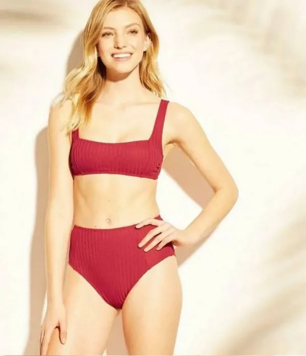 Xhilaration Ribbed Magenta Square Neck High-Waisted Bikini Set - Image 2