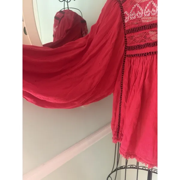 FREE‎ PEOPLE Cyprus Avenue Embroidery Red Boho Long Sleeve Top Sz XS Cottagecore - Image 4