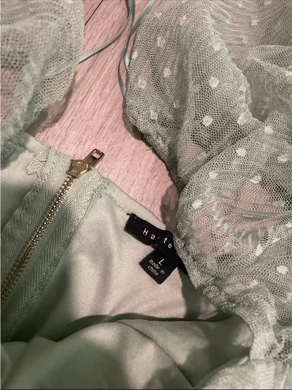 Mint Green Polka Dot Mesh Mini Dress Size L - Image 2