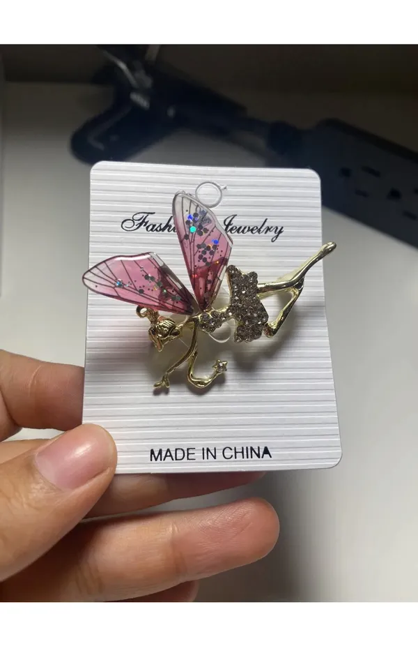 Cute New B.J. Golden Crystal Fairy Angel With Sparkly Acrylic Wings Pin Brooch - Image 5
