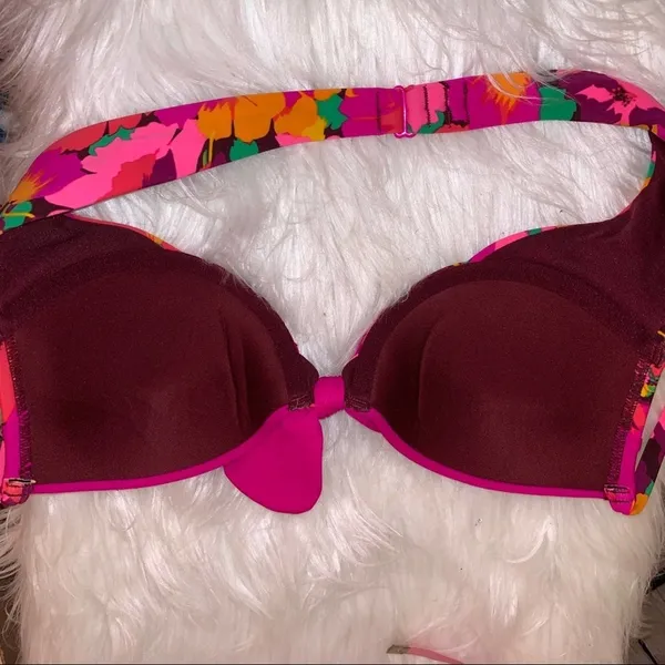 Pink Floral Bikini‎ Top S/M Push Up Underwire Bow Halter Y2K Retro Swimwear - Image 4