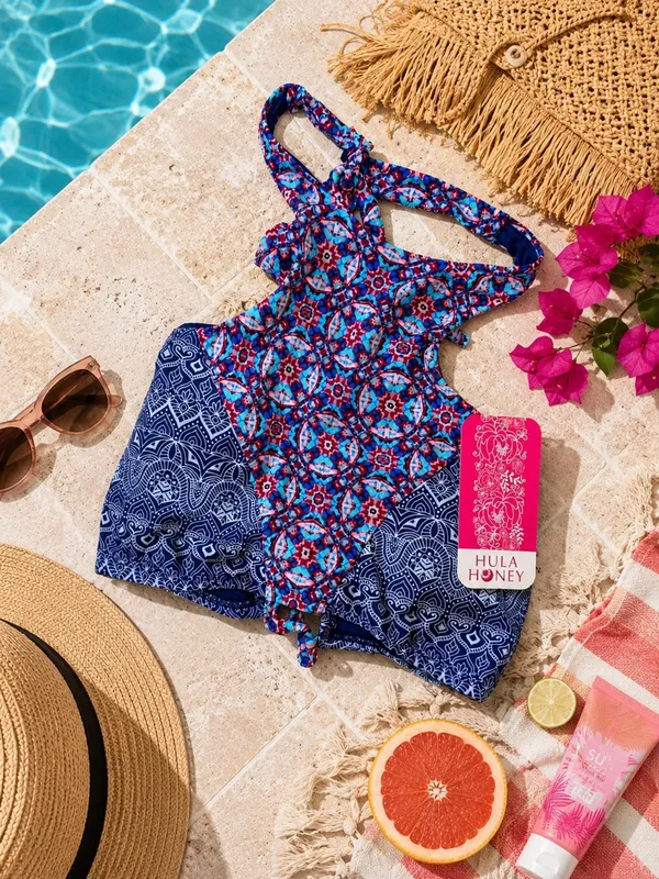 Hula Honey Bikini Top Size M Blue Pink Boho Halter Swim Top‎ NWT - Image 2