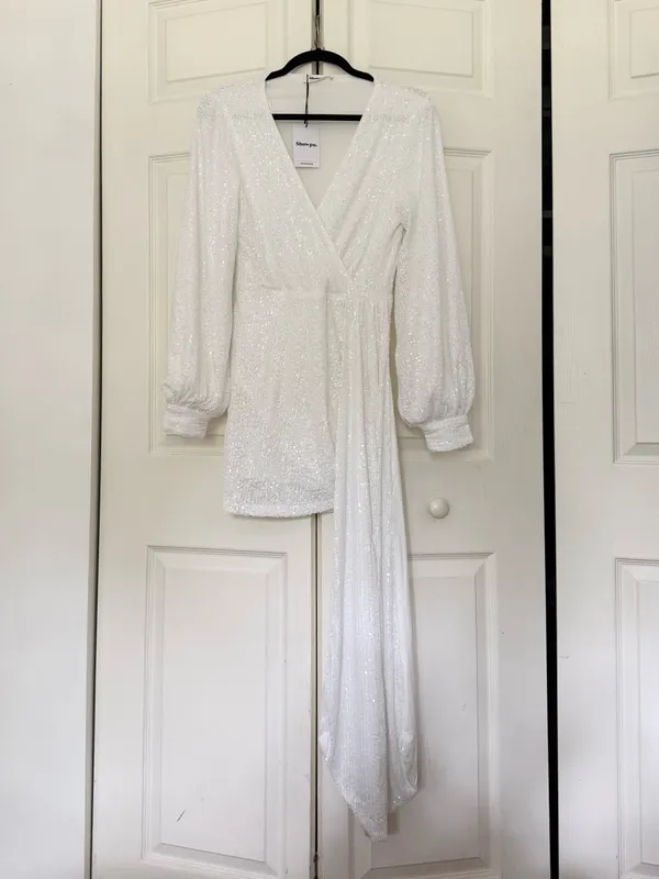 NWT Showpo Claudilyn Drape Long Sleeve Faux Wrap Mini Dress White Sequins US 6 - Image 3