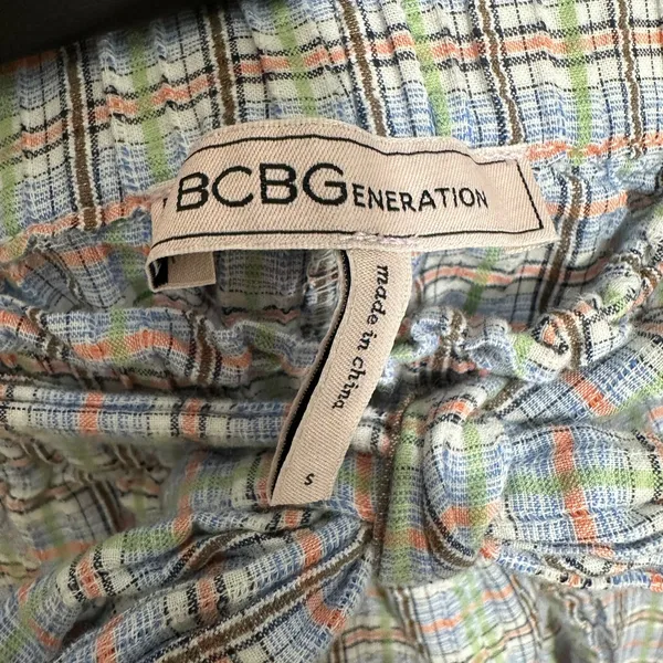 BCBGeneration Plaid Pants Womens S Blue Multi Paperbag Waist Tie Cotton Trousers - Image 5