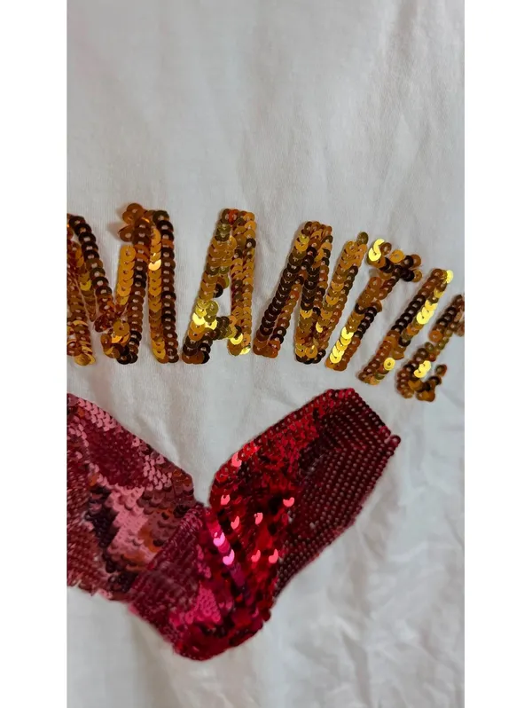 Size M Cute White Graphic Tee with Red Sequin Heart Size M - Image 2