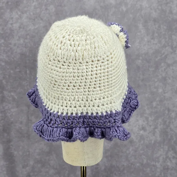Vintage Y2K‎ Crochet Festival Kawaii Purple White Knit Beanie Floral Funky Hat - Image 4