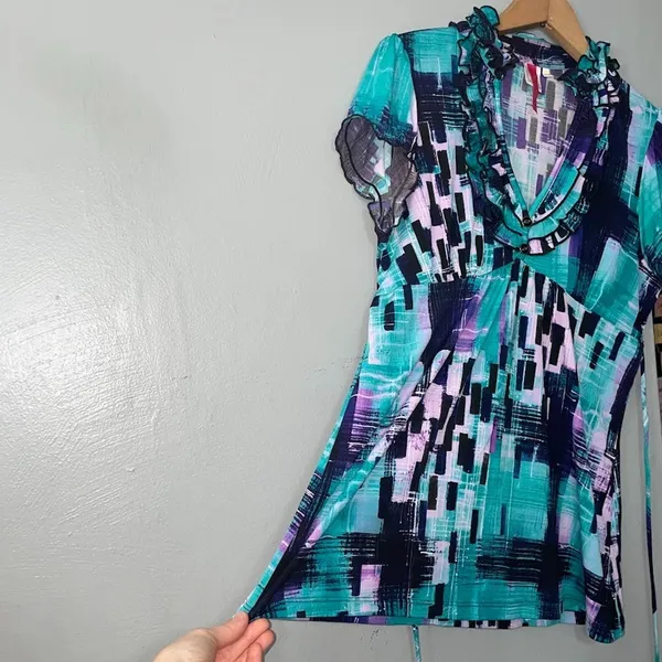 Y2K Babydoll Top Juniors Large Geometric Club Indie Sleaze Tie Back Going Out - Image 2