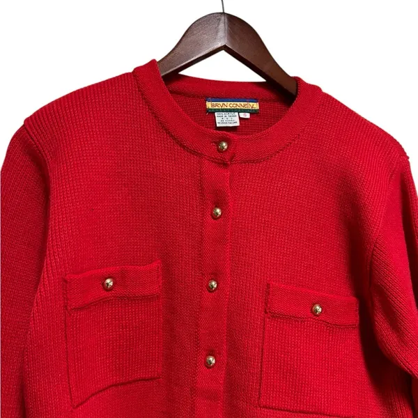 Bryn Connelly Sweater Cardigan Size Small Red Gold Button Vintage Preppy Classic - Image 4