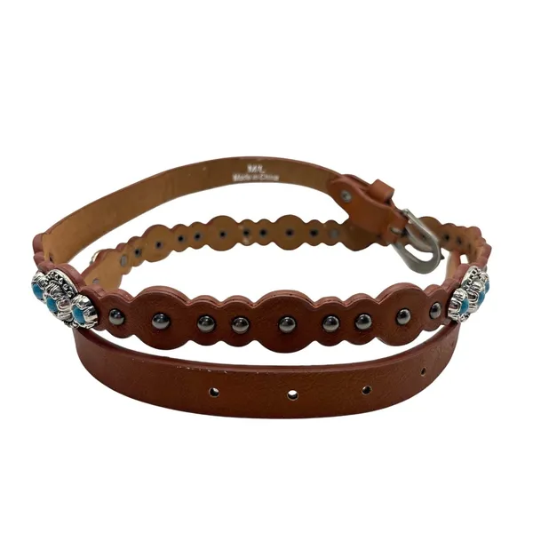 Western‎ Turquoise Studded Brown Faux Leather Scalloped Belt M/L Concho Silver - Image 2