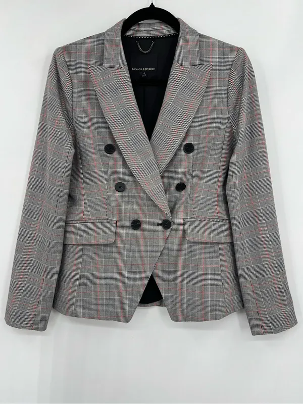 Banana Republic Glen Blazer Jacket Plaid Print Double-Breasted Stretch Size 2 - Image 8