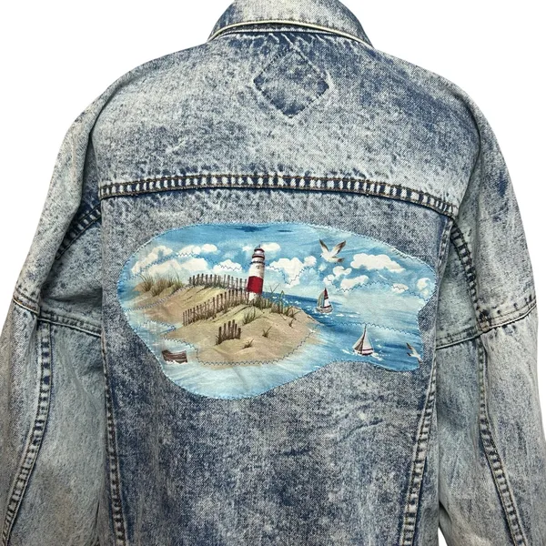 VTG 90s Ocean Denim Acid Wash Lighthouse Jacket Scenic Art Oversized XL - Image 13