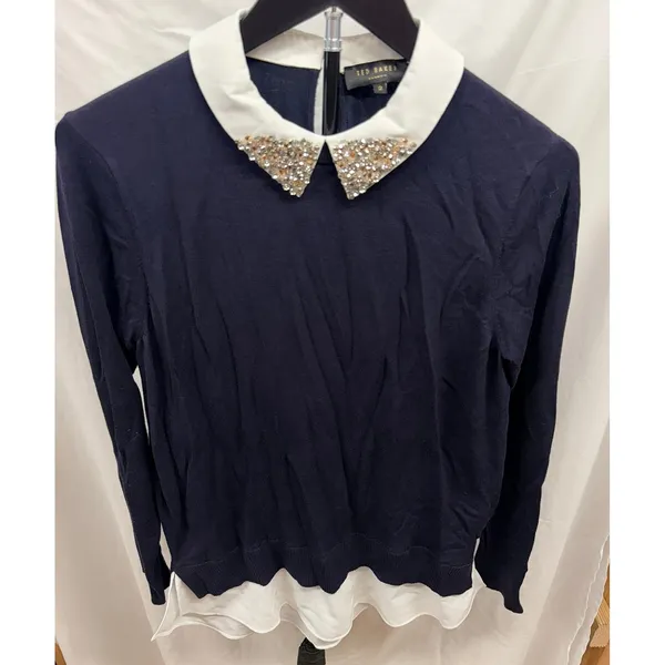 Ted Baker Liaylo Sparkle Rhinestone Collar Layered Sweater in Dark Navy Sz 2 - Image 4