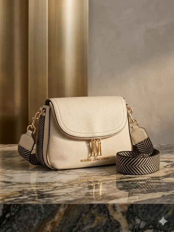 Marc Jacobs Beige Pebbled Leather Messenger Bag Chevron Web Strap Like New - Image 2
