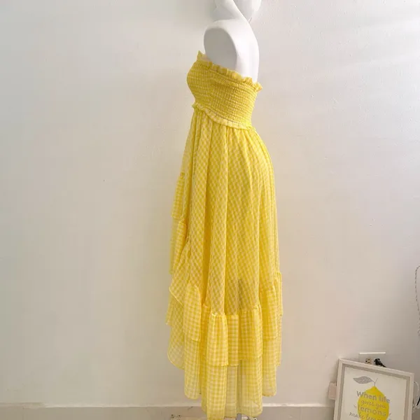 Anthropologie Yellow Gingham Dress Medium Low Coquette Cottagecore Boho Ruffle - Image 7