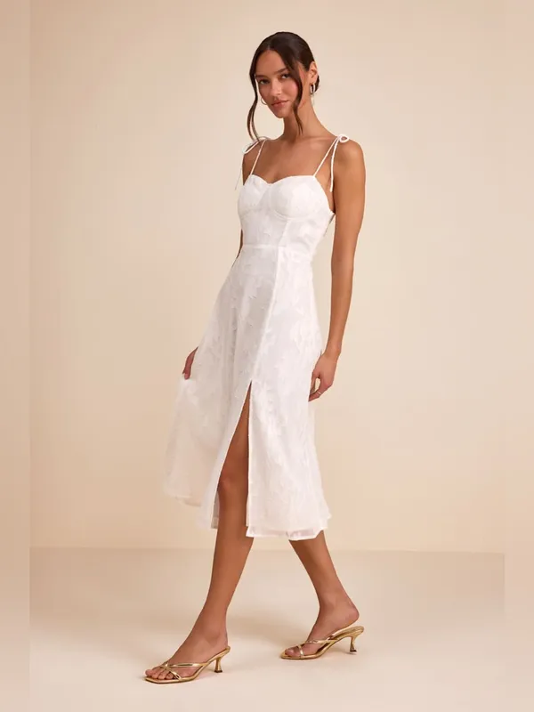 LULU’S Loveliest Looks White Floral Jacquard Tie-Strap Midi Dress - Image 4