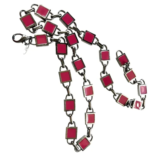 Y2K NY Pink Enamel Link Silver Chain Womens Belt Sz S 31" Adj Festival Coquette - Image 3