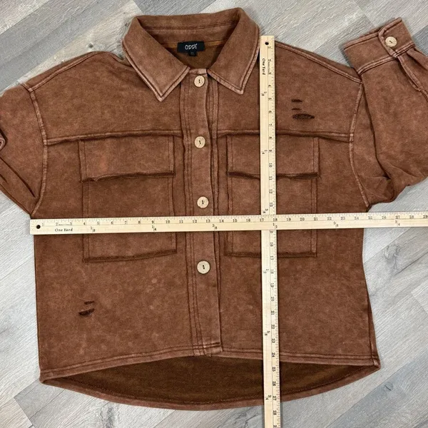 Oddy‎ Shacket Jacket Women Medium Large Brown Distressed Jersey Knit Cropped - Image 12