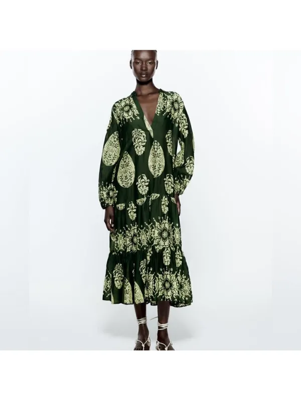 Zara Dark Green Midi Dress with Light Green Botanical Print - Image 8