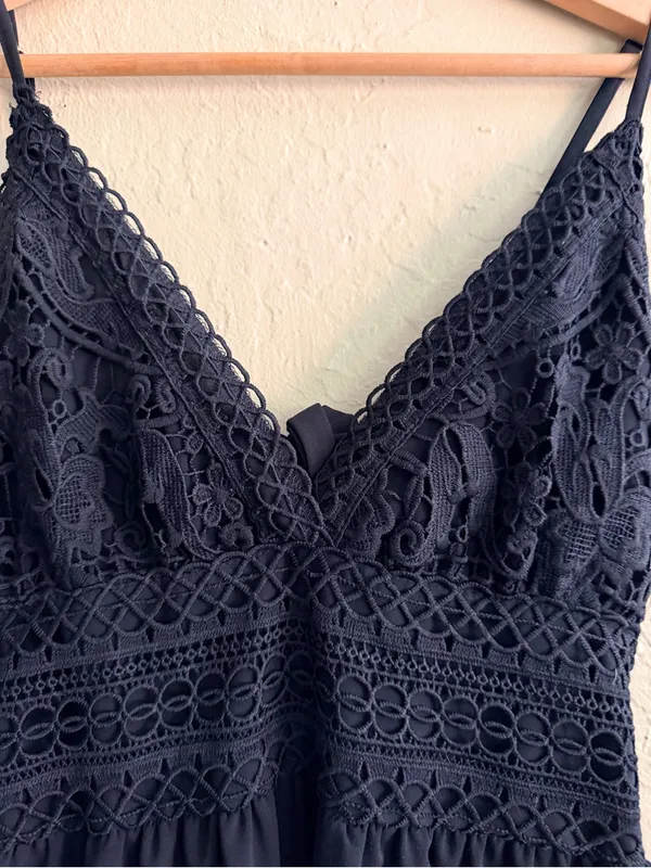 Ecowish Black Lace-Trim Tiered Midi Dress - Image 2