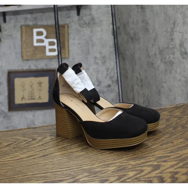 NWT Sun + Stone Leoniee Ankle-Strap Platform Dress Sandals Black Microsuede 5.5M - Image 6