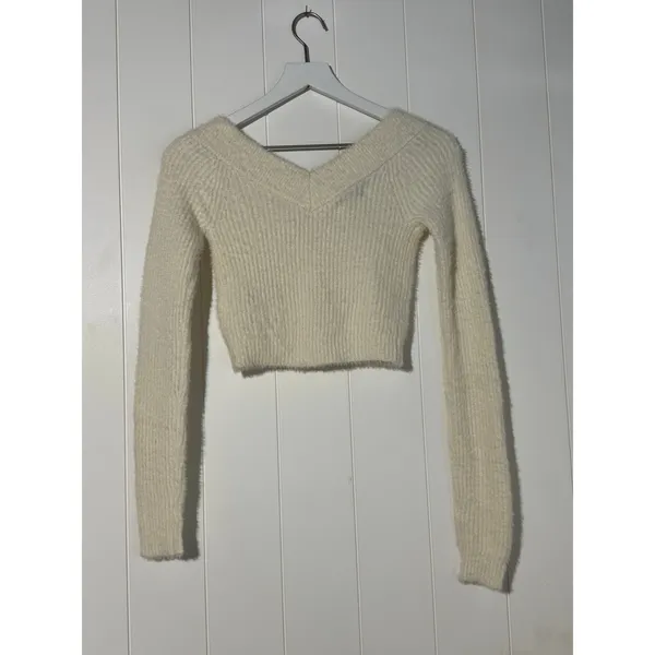 American Eagle Outfitters NWT XS Ribbed Cropped Off Shoulder Sweater Cream - Image 5
