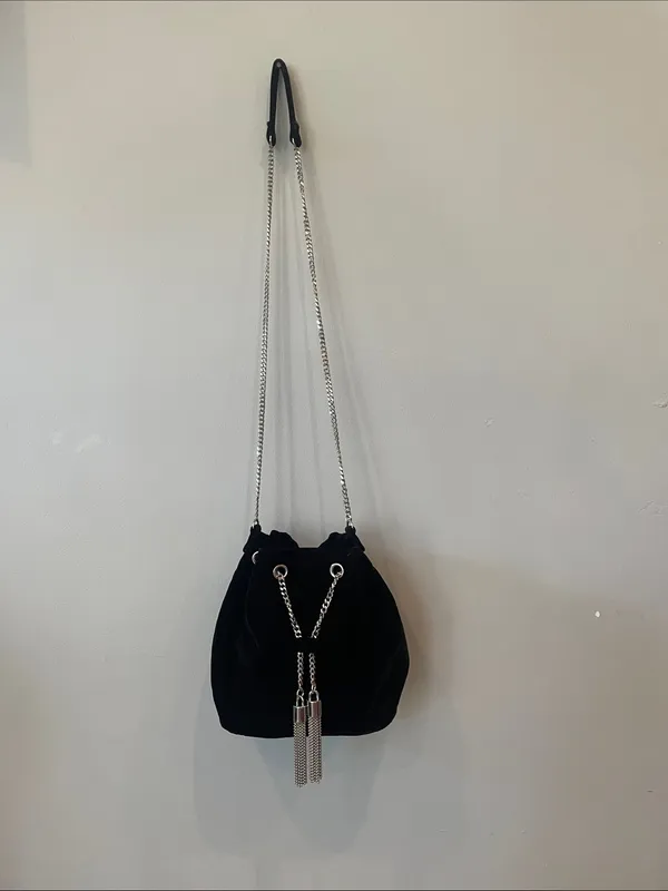 Black Velvet Drawstring Bucket Bag with Silver Chain Tassels - Image 2