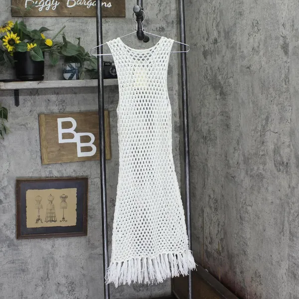 Miken Juniors Mesh Fringe-Hem Tank Cover Up ID012 Ivory Off White M - Image 2