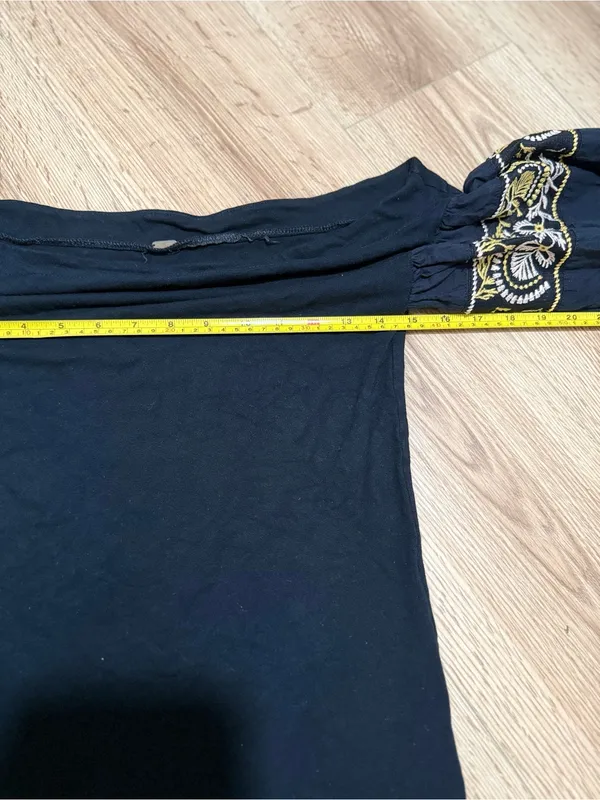 Free‎ People Black Off-Shoulder Crop Top with Gold Embroidered Puff Sleeves - Image 6