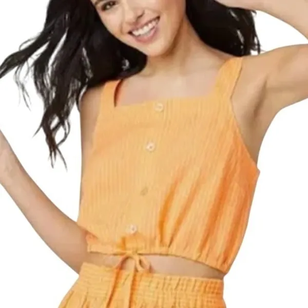 A New Day (M) Striped Button Detail Linen Blend Front Tie Crop Top Tank Shirt - Image 4