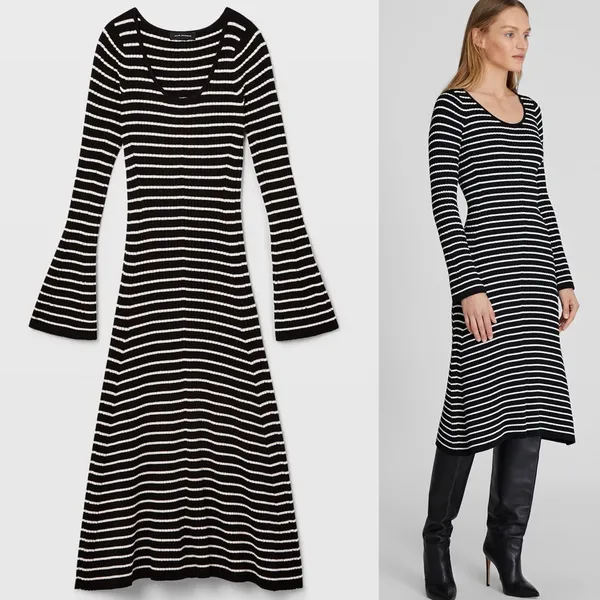 Club Monaco Black And White Striped Ribbed Midi Sweater Dress With Bell Sleeves - Image 3