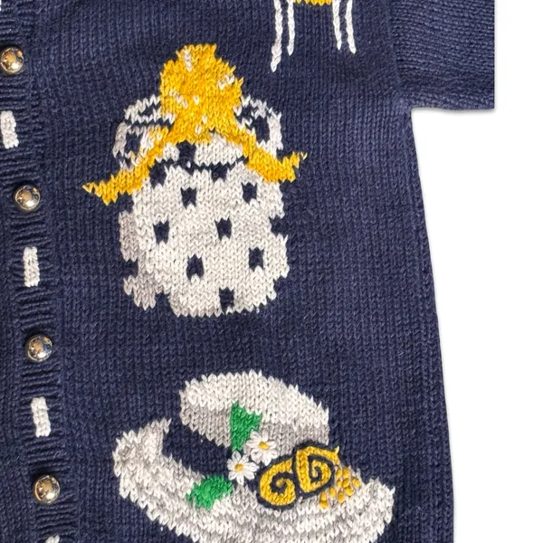 Vintage Eagles Eye Hat Motif Knit Cardigan Navy Yellow‎ Small Whimsical Cottage - Image 7