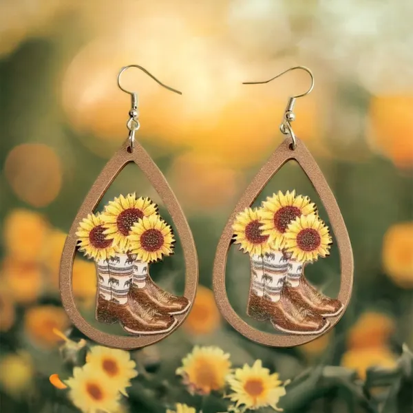 Western‎ Retro Personality Cowboy Boots Sunflower Earrings Wooden Water Drop - Image 2