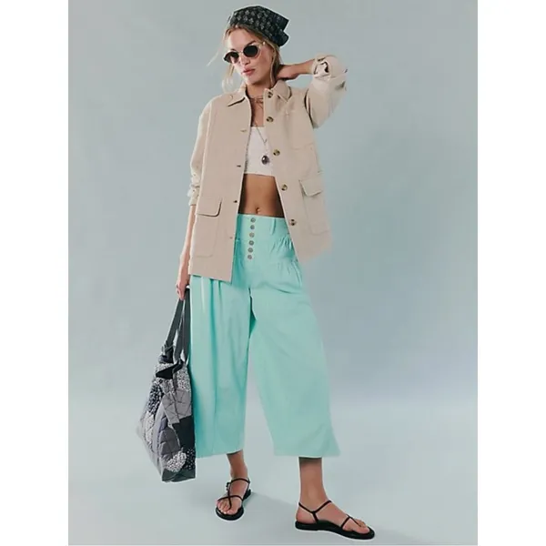 Free People Bohemian LagenLook Lucy Linen Chore Coat Neutral Natural Large - Image 4