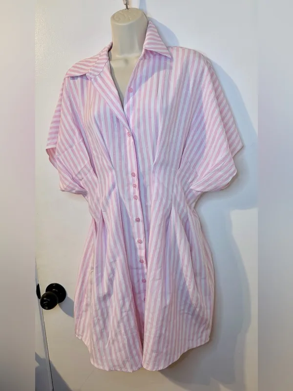 NWT COMMENSE Pink White Striped Shirt Dress L Collared Button Down - Image 5