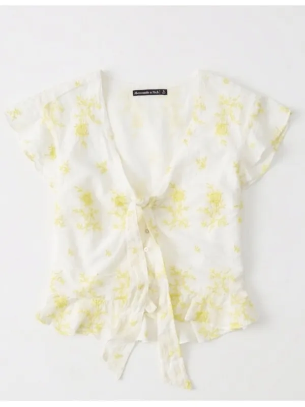 Abercrombie & Fitch Yellow White Floral Short Sleeve Blouse Size Small - Image 9